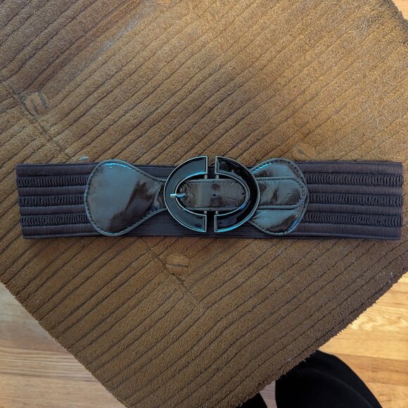 Vintage Stretch Wide Faux Patent Leather Waist Belt Buckle Brown Black - Picture 5 of 8